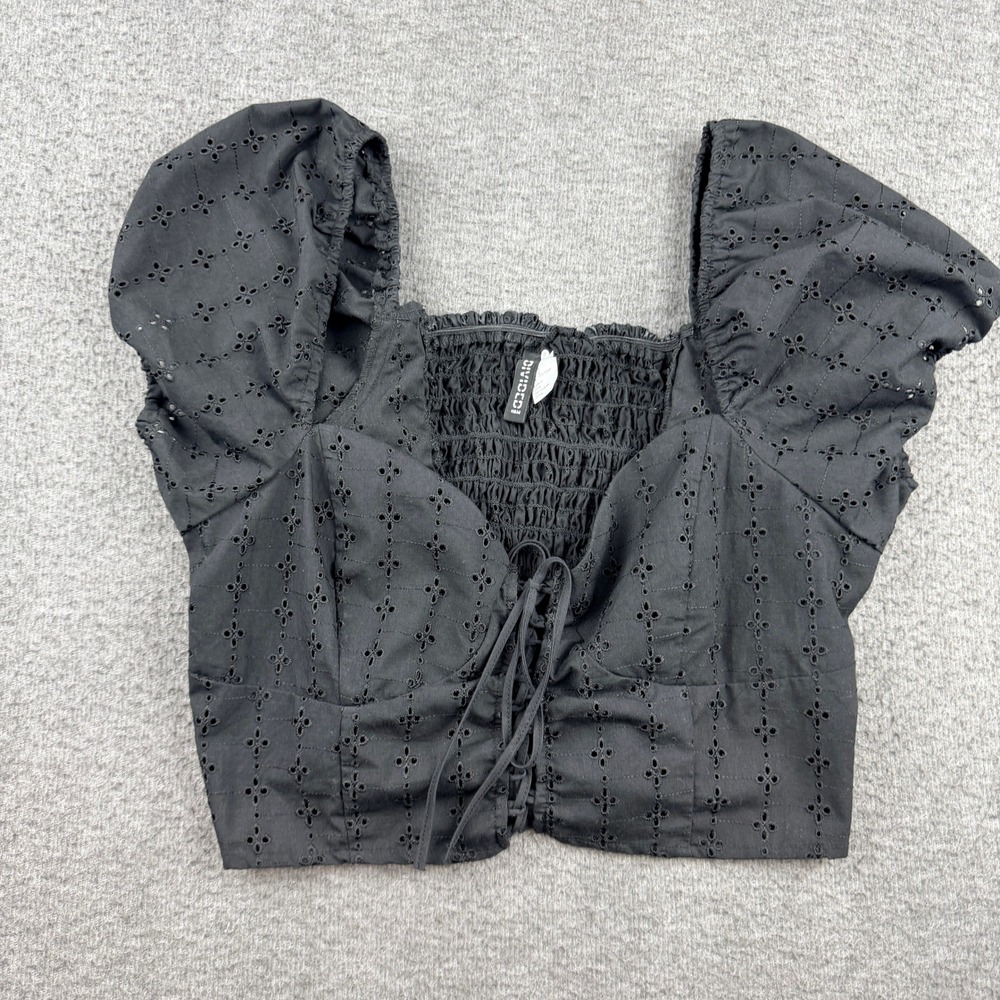 H&M Divided Black Women's L Large Eyelet Lace Up Puff Sleeve Crop Top Boho